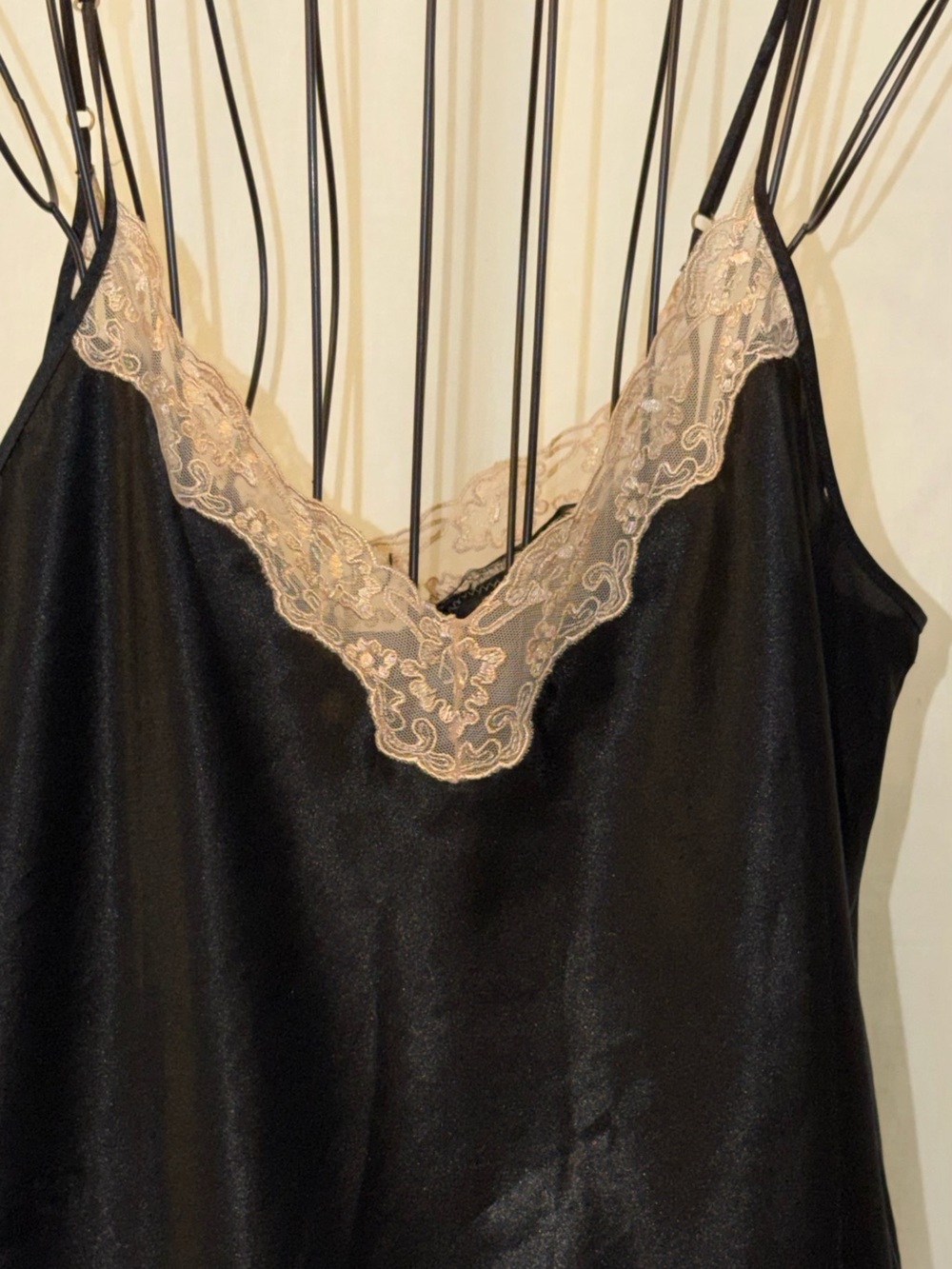 Black vintage Satin Slip with Cream Lace Trim - Women's Chemise